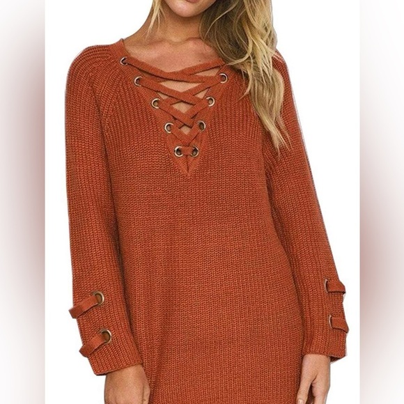 Miracle Women’s Brick Orange Criss Cross V-Neck Knit Sweater Size M/L - Picture 3 of 7